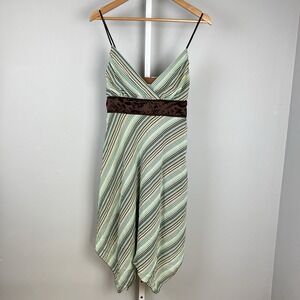Vintage Breakin Loose Dress Womens 6 Aqua Brown‎ Stripe Asymmetric Hem Y2K